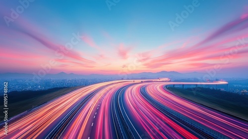 A bustling multi level highway interchange at sunset, with streams of headlights and taillights creating a mesmerizing light show against the urban backdrop.