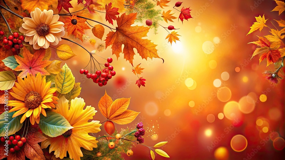 Abstract Autumn Background with Colorful Leaves and Flowers, Perfect for Seasonal Designs and Nature-Inspired Projects Abstract Autumn Background with Colorful Leaves and Flowers, Perfect for Seasonal Designs and Nature-Inspired Projects