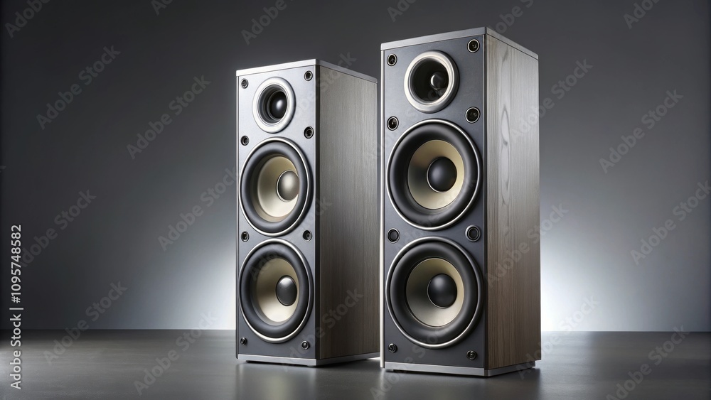 Speaker system on the left with two speakers on gray background, speaker, system, left, two, speakers, gray, background Speaker system on the left with two speakers on gray background, speaker, system, left, two, speakers, gray, background
