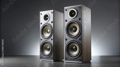 Speaker system on the left with two speakers on gray background, speaker, system, left, two, speakers, gray, background