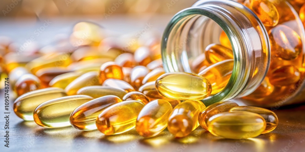 Close-up of soft gel pills spilling out of pill bottle with Omega-3 oil, Vitamin D Close-up of soft gel pills spilling out of pill bottle with Omega-3 oil, Vitamin D