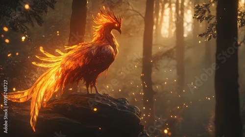 A glowing phoenix stands majestically in a mystical forest setting. photo