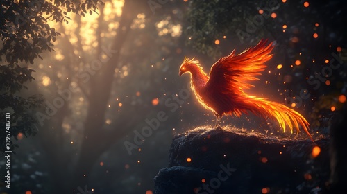 A glowing phoenix stands majestically in a mystical forest. photo