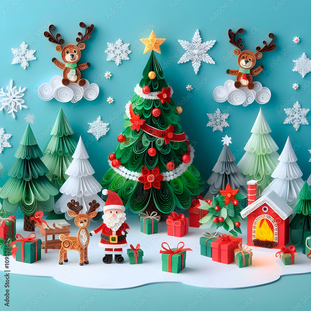 Naklejka premium a wall with a christmas tree and a snowman and reindeer