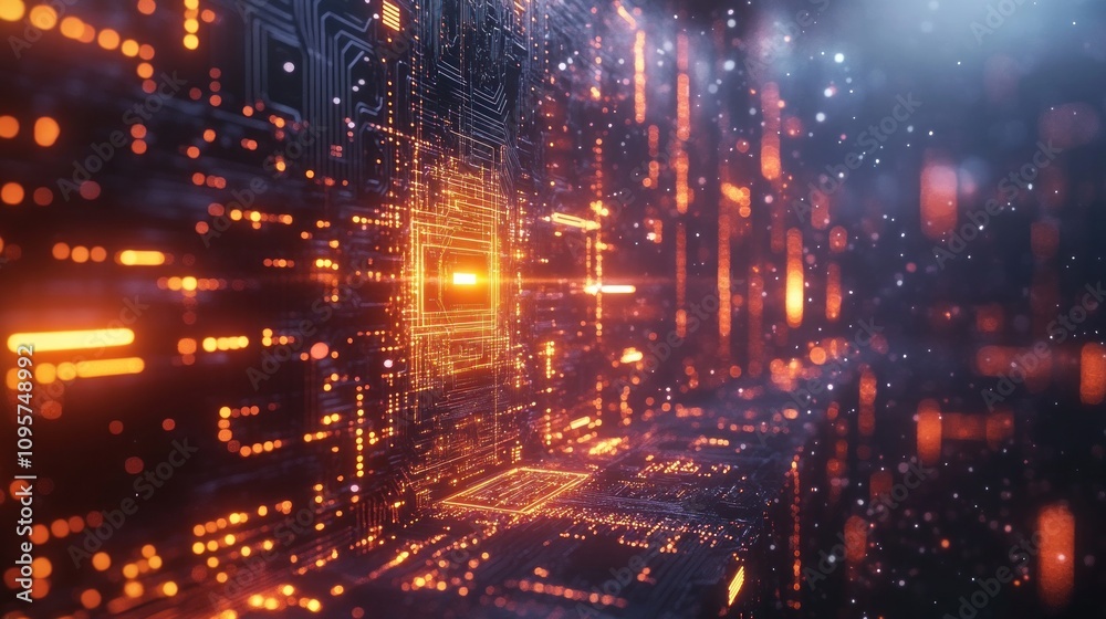 Abstract digital landscape with glowing circuits and particles. Abstract digital landscape with glowing circuits and particles.