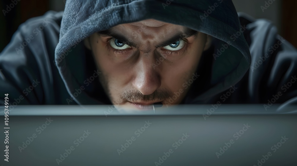 Closeup of a man's face with a determined look, concealed by a hooded sweatshirt, looking down at a laptop. Closeup of a man's face with a determined look, concealed by a hooded sweatshirt, looking down at a laptop.