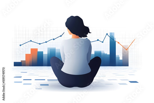 A girl sitting in front of cartoon graph chart and researching data