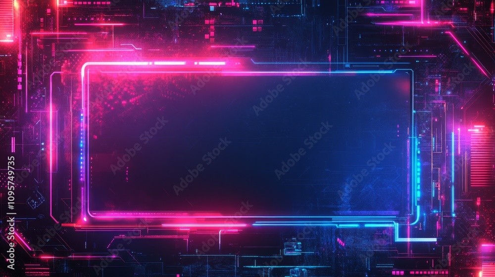 Neon frame on a futuristic digital circuit board background. Neon frame on a futuristic digital circuit board background.