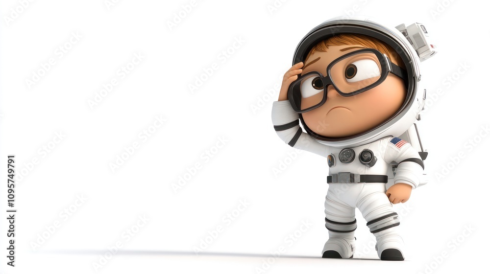 A young astronaut in a spacesuit looks thoughtfully while pondering in a minimalist setting. A young astronaut in a spacesuit looks thoughtfully while pondering in a minimalist setting.