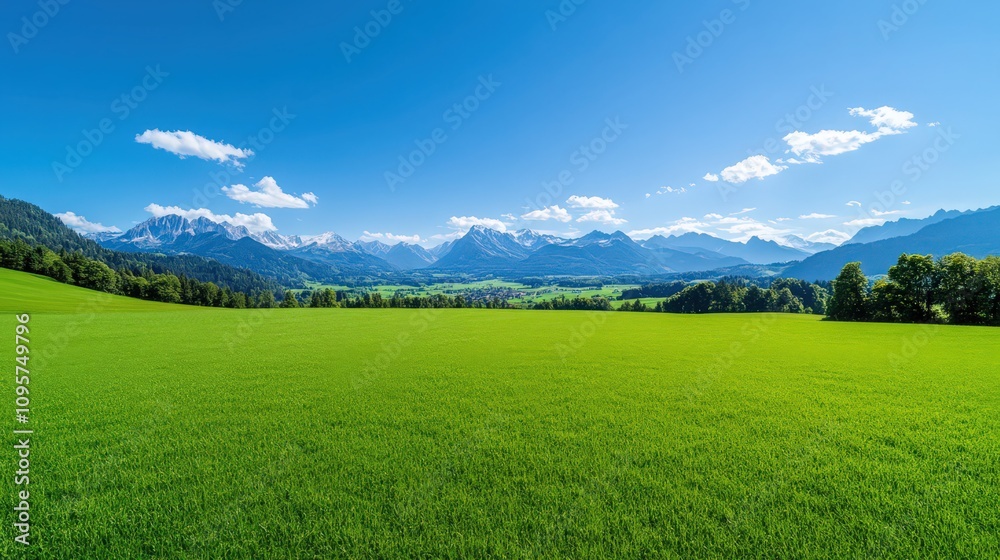 Fototapeta premium A large, open field with a clear blue sky and mountains in the background