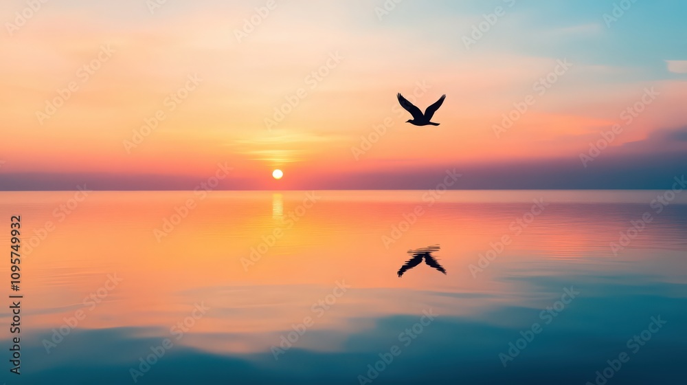 Obraz premium A bird flies over a calm ocean at sunset