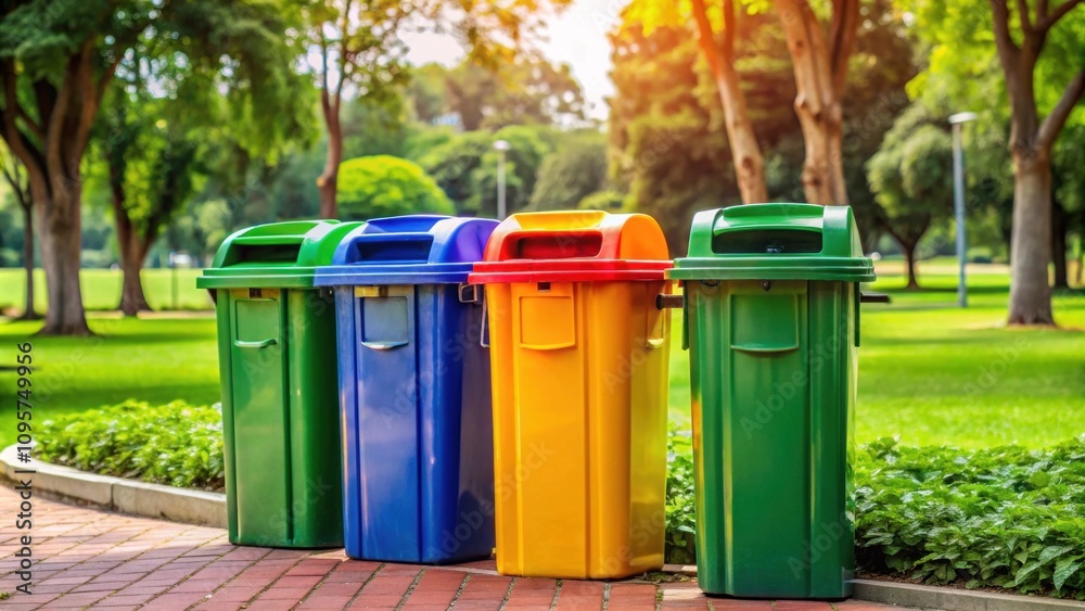 Close-up of modern, brightly colored trash cans in the park for recycling and waste separation, recycling Close-up of modern, brightly colored trash cans in the park for recycling and waste separation, recycling