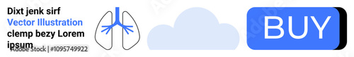 Medical lungs icon, cloud icon, text segments, blue BUY button. Ideal for medical themes, online shopping, health awareness, cloud computing, IT services, digital marketing. Landing page