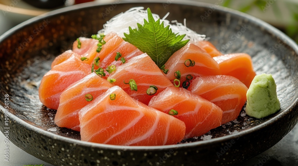 A plate of fresh sashimi featuring salmon, garnished with herbs and wasabi. A plate of fresh sashimi featuring salmon, garnished with herbs and wasabi.