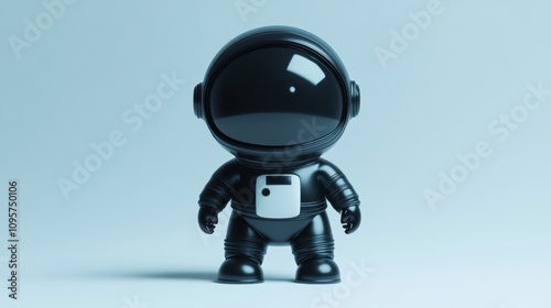 A cute black astronaut figure with a glossy helmet and space suit, designed for decoration.