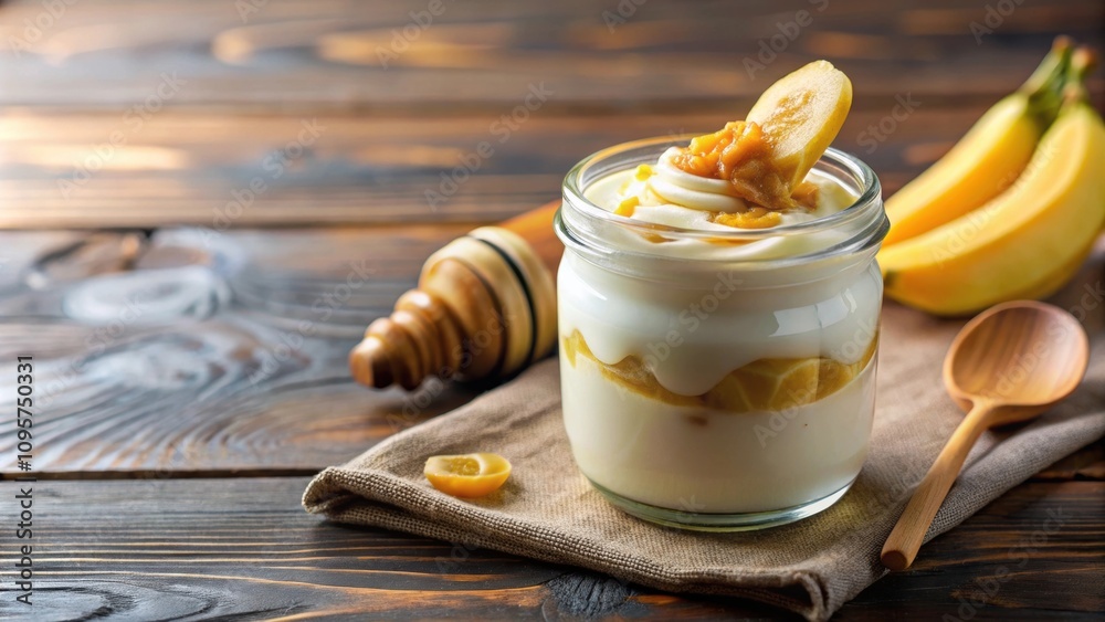 Creamy homemade milk yogurt with fresh banana pieces and drizzled with sweet honey, yogurt, homemade, milk, banana, honey Creamy homemade milk yogurt with fresh banana pieces and drizzled with sweet honey, yogurt, homemade, milk, banana, honey
