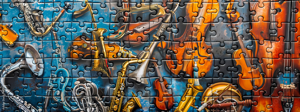 Obraz premium A vibrant close-up of a puzzle featuring various musical instruments, creating a colorful and harmonious visual feast.