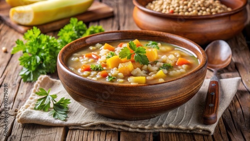 Barley and vegetable soup being served in a traditional Polish bowl , Polish cuisine, homemade, comfort food