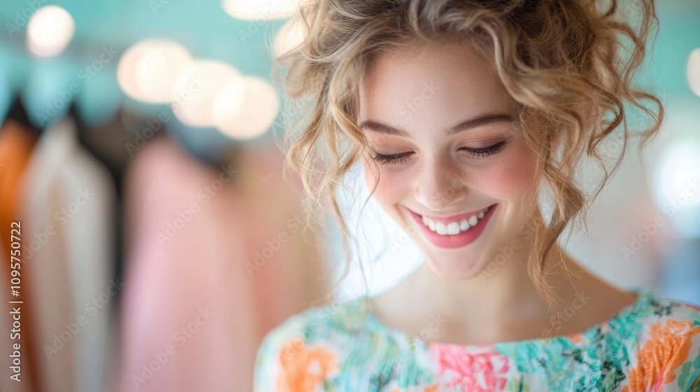 A young woman with a bright smile carefully examines a colorful dress on a rack inside a well lit boutique, surrounded by other shoppers. A young woman with a bright smile carefully examines a colorful dress on a rack inside a well lit boutique, surrounded by other shoppers.