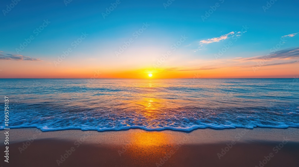 Fototapeta premium The sun is setting over the ocean, casting a warm glow on the water