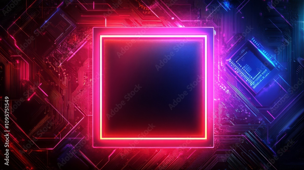 Neon square frame on abstract tech background. Neon square frame on abstract tech background.