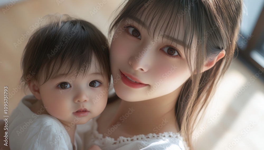 Beautiful Japanese Woman with Child Smiling at Camera on Wooden Desk Background Beautiful Japanese Woman with Child Smiling at Camera on Wooden Desk Background