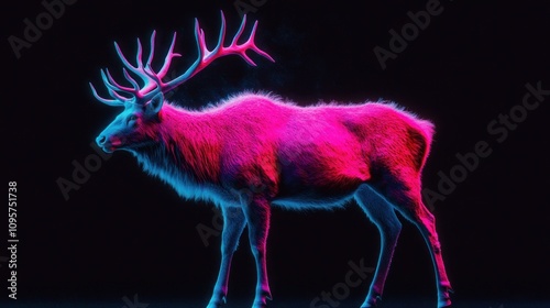 A neon-colored deer with vibrant pink and blue hues, set against a dark background.