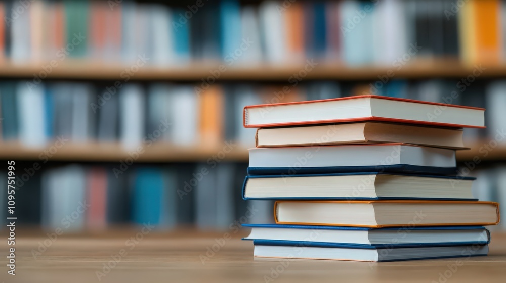 A stack of books on a table in front of a library A stack of books on a table in front of a library