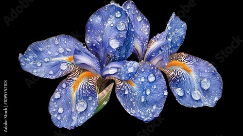 A vibrant blue iris flower adorned with water droplets against a black background.