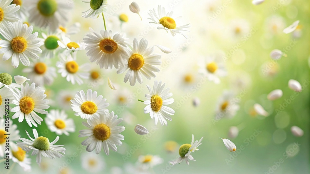 Falling chamomile or daisy flower petals on a soft background, nature, floral, delicate, soft, gentle, petals, falling, chamomile