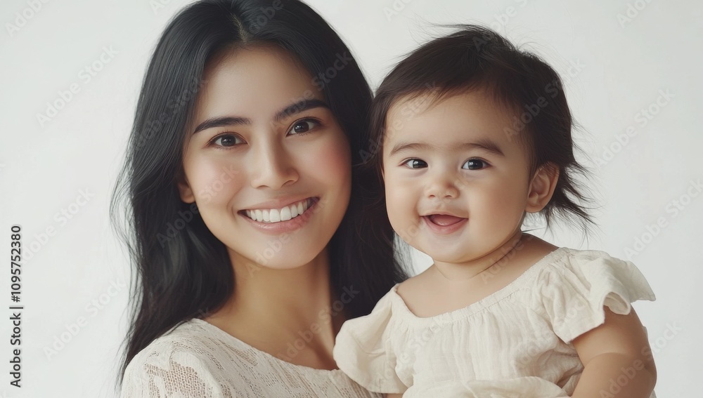 Beautiful Woman and Child Smiling at Camera on White Background Beautiful Woman and Child Smiling at Camera on White Background