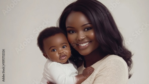 Beautiful Woman and Child Smiling at Camera on White Background