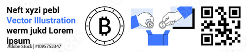 Bitcoin symbol, QR code, hand holding coin, hand putting coin in box, text in blue and black, object labels. Ideal for cryptocurrency, blockchain transactions, QR payments, digital currency exchange