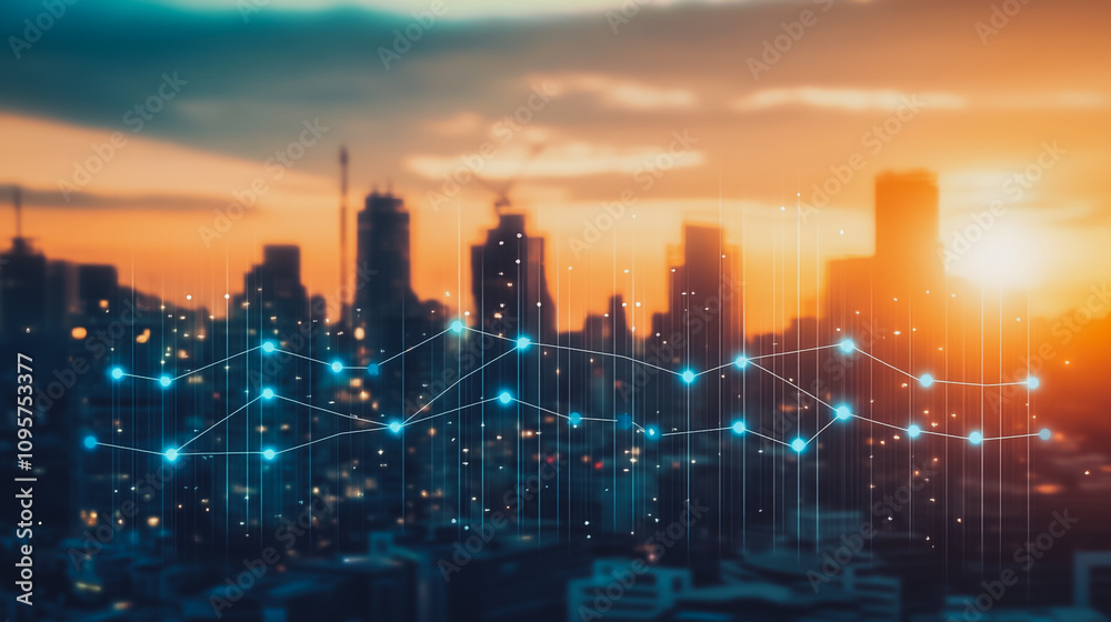 Fototapeta premium Smart digital city with connection Innovation network reciprocity over the sunset cityscape Concept of future wireless digital city and social media networking systems that connects business people