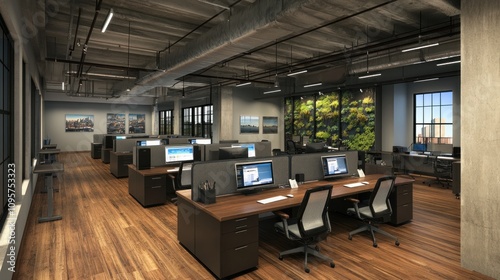 Modern office space with desks, computers, and greenery for a productive work environment.