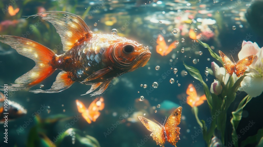 A serene underwater scene featuring a goldfish, butterflies, and vibrant aquatic plants. A serene underwater scene featuring a goldfish, butterflies, and vibrant aquatic plants.