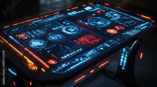 A futuristic interactive display table showcasing various data and analytics. photo