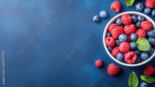 A bowl of raspberries and blueberries on a blue background