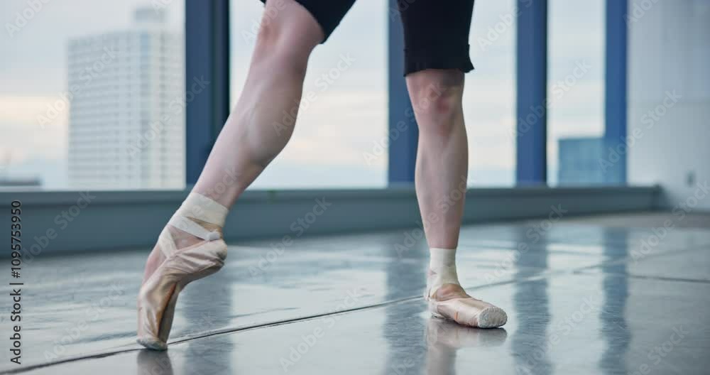 Pointe shoes, legs and ballerina in studio for rehearsal, practice or performance at academy. Creative, feet and classical dancer with warm up for recital, ballet or talent in balance at class. Pointe shoes, legs and ballerina in studio for rehearsal, practice or performance at academy. Creative, feet and classical dancer with warm up for recital, ballet or talent in balance at class.