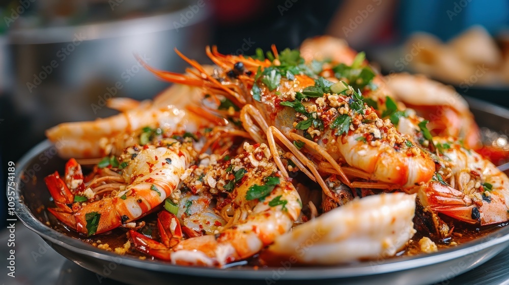 A vibrant dish of shrimp garnished with herbs and spices, showcasing culinary artistry. A vibrant dish of shrimp garnished with herbs and spices, showcasing culinary artistry.