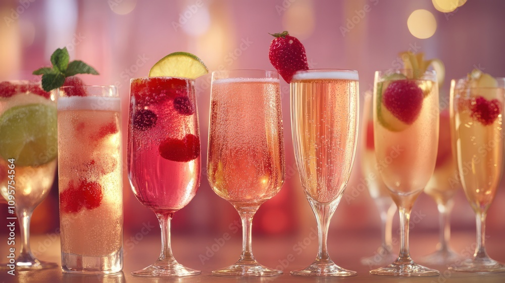 A colorful display of various refreshing cocktails and drinks with garnishes. A colorful display of various refreshing cocktails and drinks with garnishes.