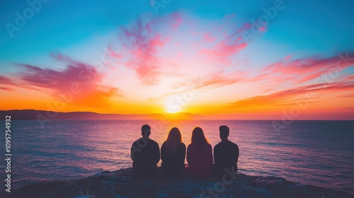 A group of four people are sitting on a rock by the ocean, watching the sun set