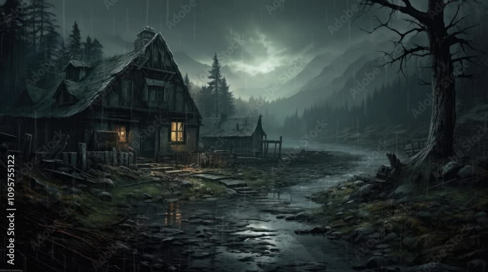 A view of a house in the rain at night. 4K animated video