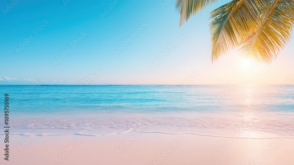 A beautiful beach with a palm tree in the foreground A beautiful beach with a palm tree in the foreground