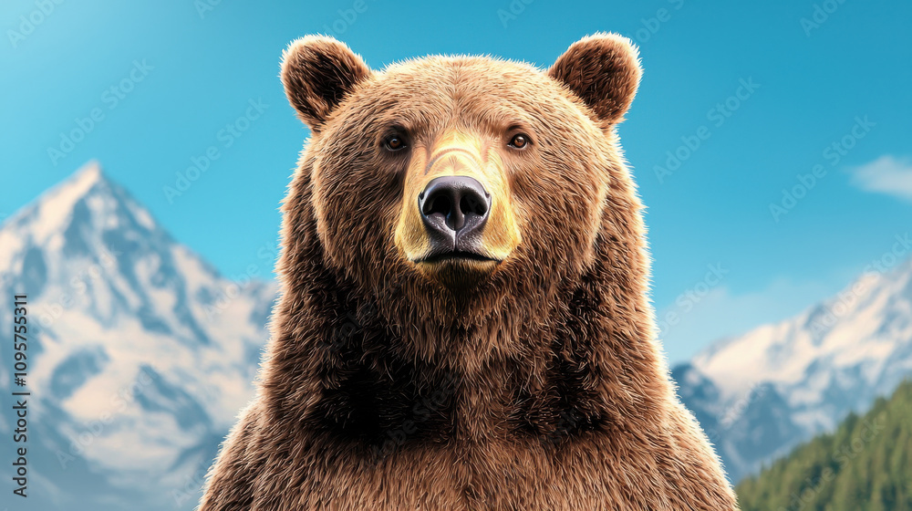 Obraz premium brown bear stands majestically in foreground, showcasing its powerful presence against backdrop of blurred mountains. serene blue sky enhances natural beauty of this wild animal