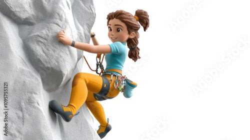 A cartoon girl climbing a rock wall, showcasing adventure and sportsmanship.