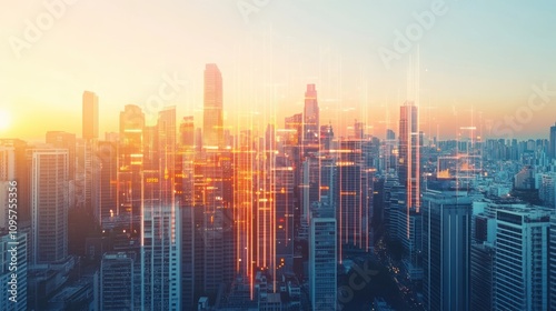Sunrise over a futuristic cityscape with digital data overlay.