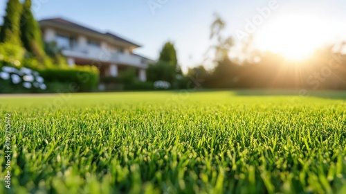 A large house with a large yard and a bright sun shining on the grass