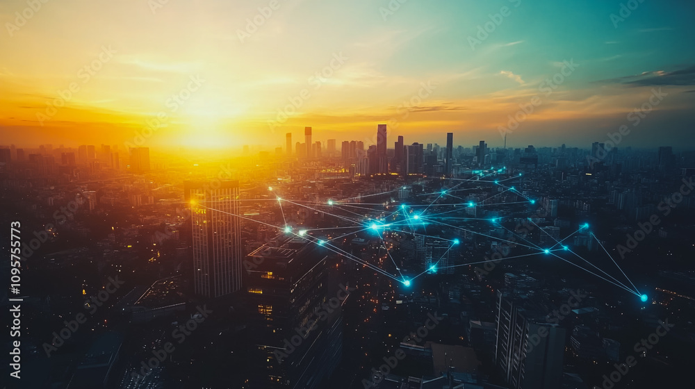 Fototapeta premium Smart digital city with connection Innovation network reciprocity over the sunset cityscape Concept of future wireless digital city and social media networking systems that connects business people