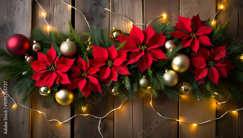 Festive decorations with poinsettias on a wooden background